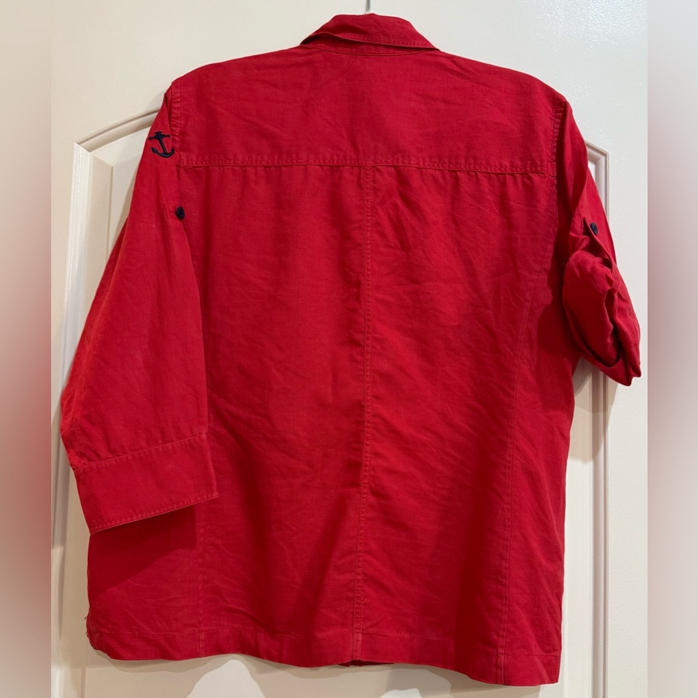 Ralph Lauren Red Linen Button Down Shirt Black Front Button Pockets - Picture 2 of 8